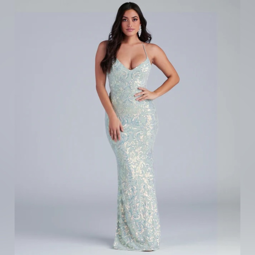 Windsor Mint Green Christal Sequin Strappy Mermaid Prom Formal Slit Long Dress